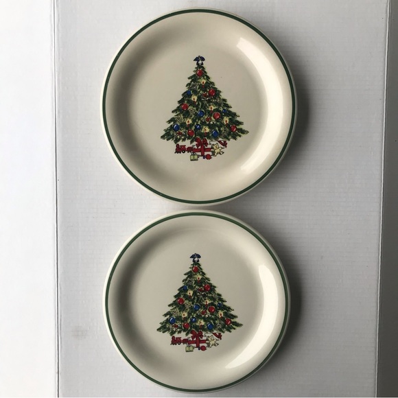 Set Of 2 Global Designs Fine Stone Christmas Tree Dinner Plates 10.25” - Picture 3 of 6